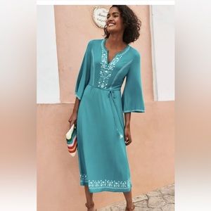 Boden Women's Remi Embroidered Midi Dress Teal US Size10  Floral Stitch